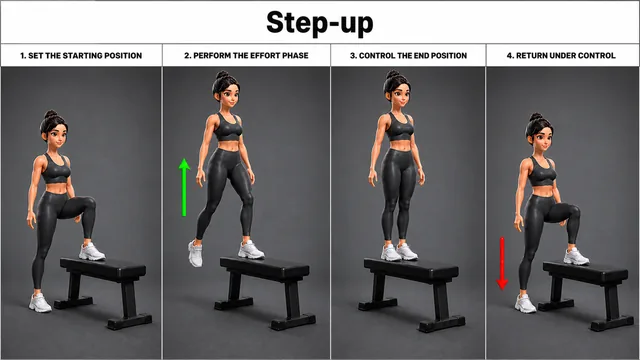 Step-up exercise guide showing 4 movement steps using flat bench