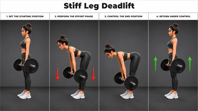 Stiff Leg Deadlift exercise guide showing 3 movement steps using barbell
