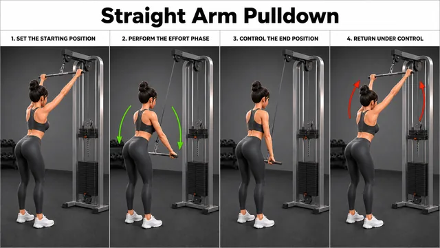 Straight Arm Pulldown exercise guide showing 3 movement steps using cable machine and straight bar