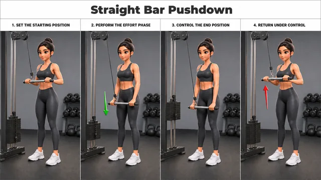 Straight Bar Pushdown exercise guide showing 4 movement steps using cable station