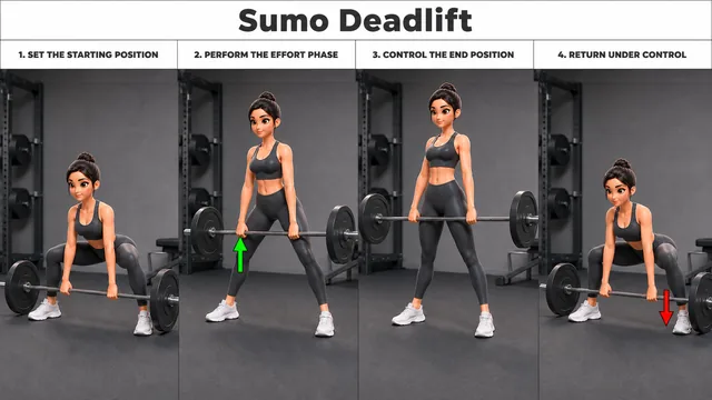 Sumo Deadlift exercise guide showing 4 movement steps using barbell