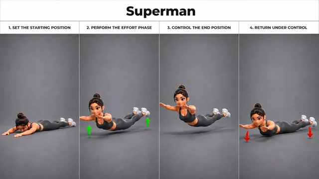 Superman exercise guide showing 4 movement steps