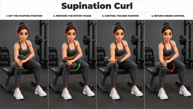 Supination Curl exercise guide showing 4 movement steps using dumbbell