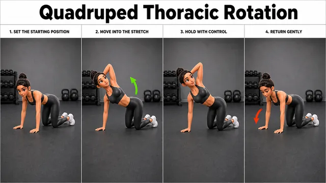 Quadruped Thoracic Rotation exercise image showing key movement positions