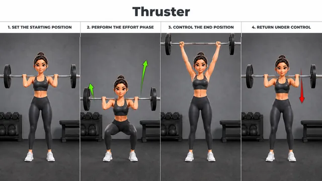 Thruster exercise guide showing 4 movement steps using barbell