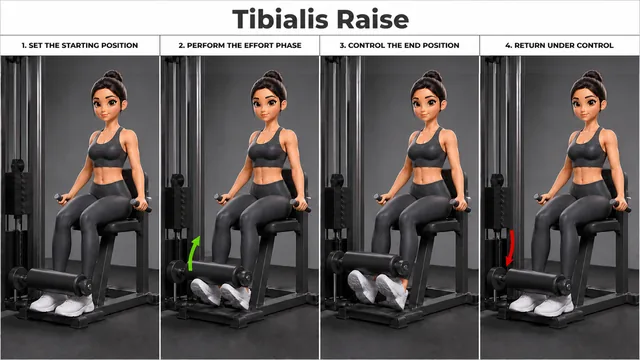 Tibialis Raise exercise guide showing 4 movement steps using wall or tibialis station