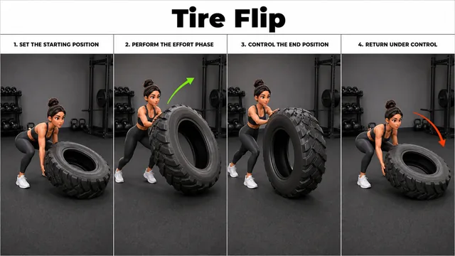 Tire Flip exercise image showing key movement positions with tractor tire