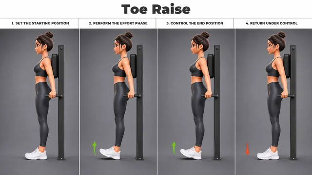 Toe Raise exercise guide showing 4 movement steps using wall or tibialis station