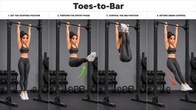 Toes-to-Bar exercise guide showing 4 movement steps using pull-up station