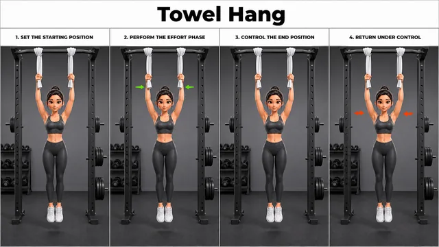 Towel Hang exercise guide showing 4 movement steps using pull-up station