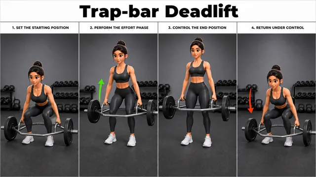 Trap-bar Deadlift exercise image showing key movement positions with trap bar