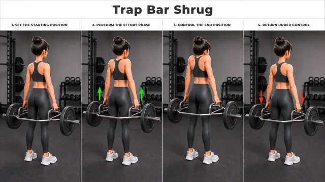 Trap Bar Shrug exercise guide showing 4 movement steps using trap bar