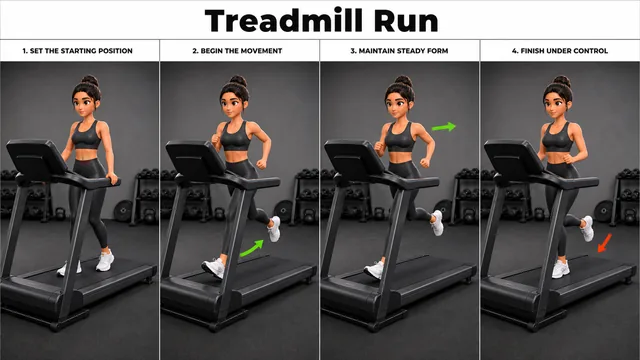 Treadmill Run exercise image showing key movement positions with treadmill