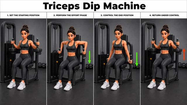 Triceps Dip Machine exercise image showing key movement positions with seated dip machine