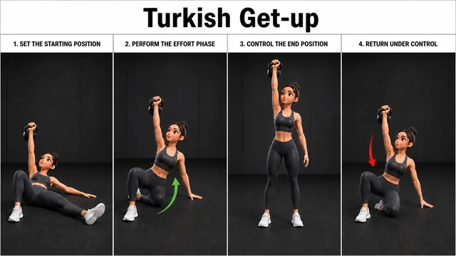 Turkish Get-up exercise guide showing 5 movement steps using kettlebell