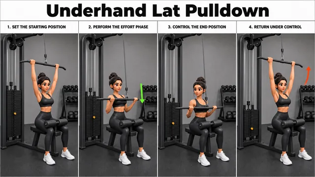 Underhand Lat Pulldown exercise image showing key movement positions