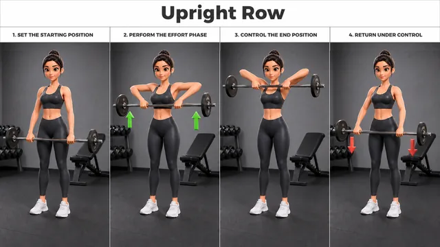 Upright Row exercise guide showing 4 movement steps using barbell