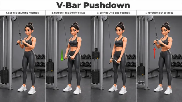 V-Bar Pushdown exercise guide showing 4 movement steps using cable station