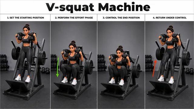 V-squat Machine exercise image showing key movement positions with V-squat machine