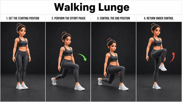 Walking Lunge exercise guide showing 4 movement steps