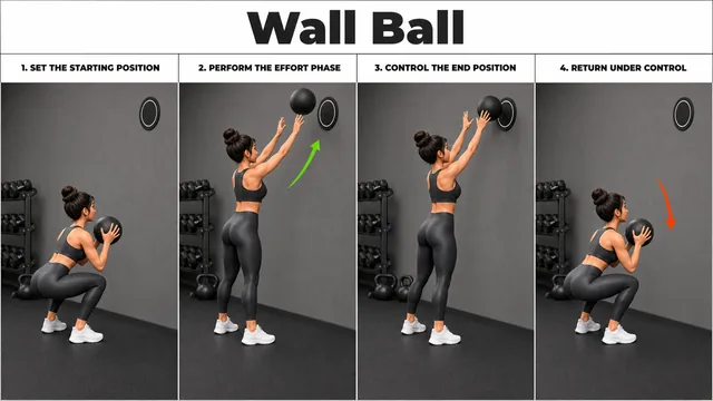 Wall Ball exercise image showing key movement positions with medicine ball and wall target