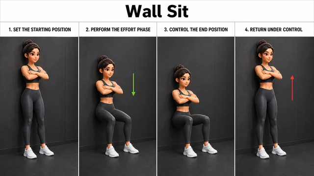 Wall Sit exercise guide showing 4 movement steps