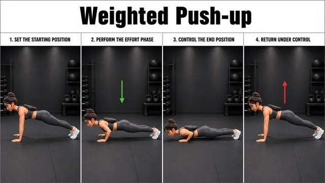 Weighted Push-up exercise guide showing 3 movement steps using secured back weight
