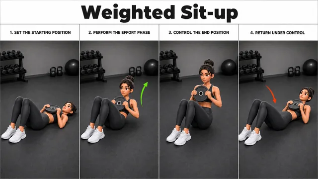 Weighted Sit-up exercise image showing key movement positions with weight plate
