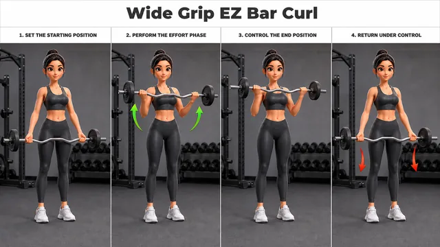 Wide Grip EZ Bar Curl exercise guide showing 4 movement steps using EZ curl bar