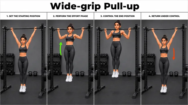 Wide-grip Pull-up exercise image showing key movement positions