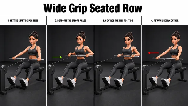 Wide Grip Seated Row exercise guide showing 3 movement steps using seated cable row and wide bar