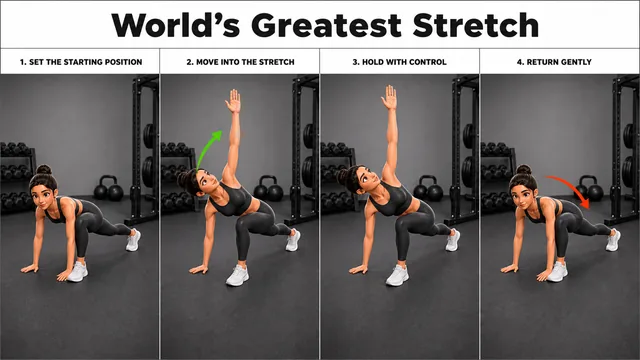 World’s Greatest Stretch exercise image showing key movement positions