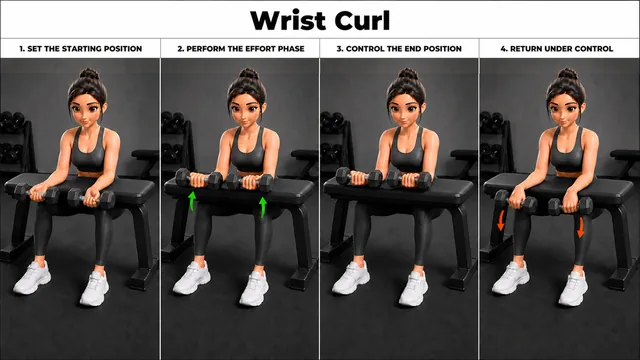Wrist Curl exercise guide showing 4 movement steps using dumbbell pair and flat bench