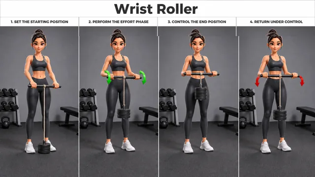 Wrist Roller exercise guide showing 4 movement steps using wrist roller