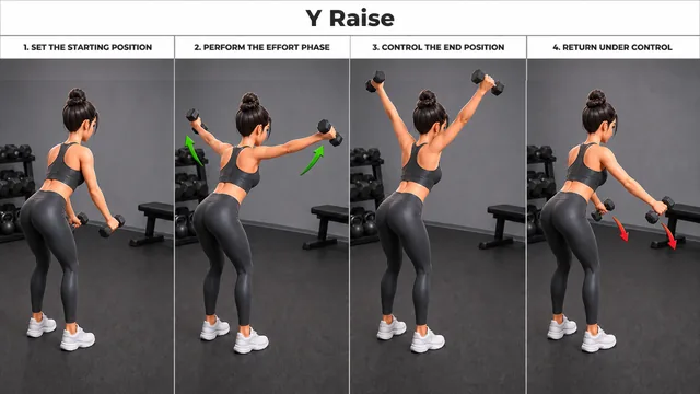 Y Raise exercise guide showing 4 movement steps using dumbbell pair