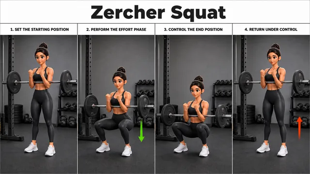 Zercher Squat exercise image showing key movement positions with barbell