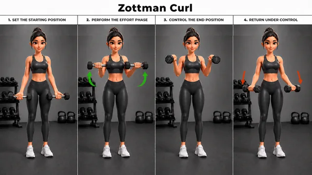 Zottman Curl exercise guide showing 4 movement steps using dumbbell pair