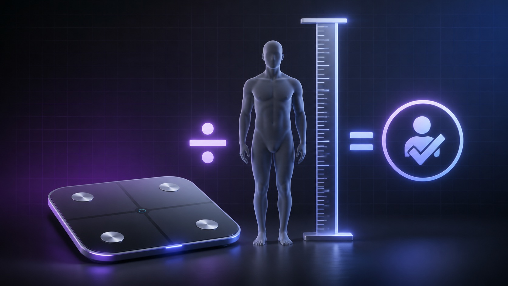 Smart scale, body silhouette, and height ruler representing a BMI calculation