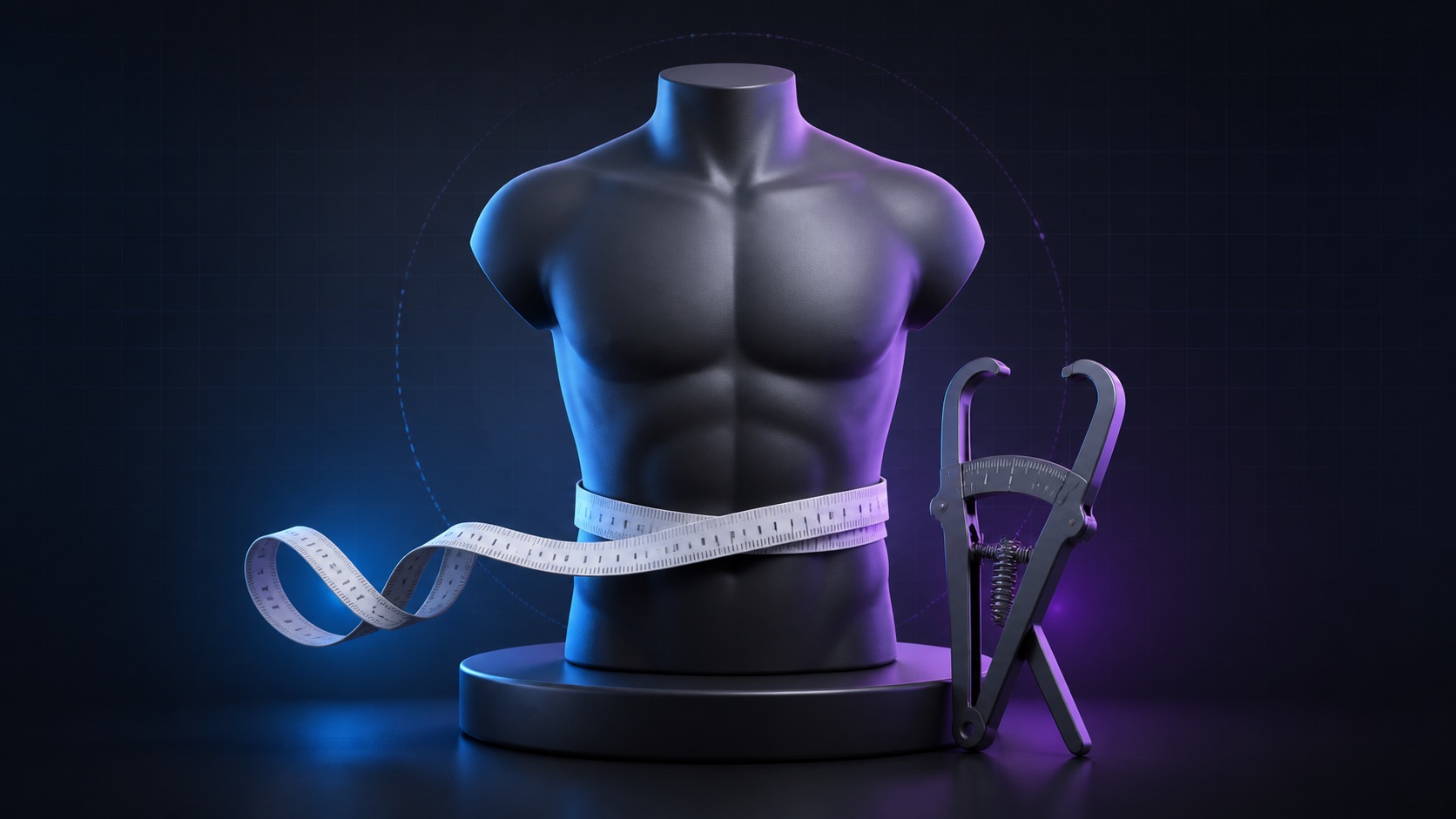 Torso model, measuring tape, and calipers representing a body-fat estimate