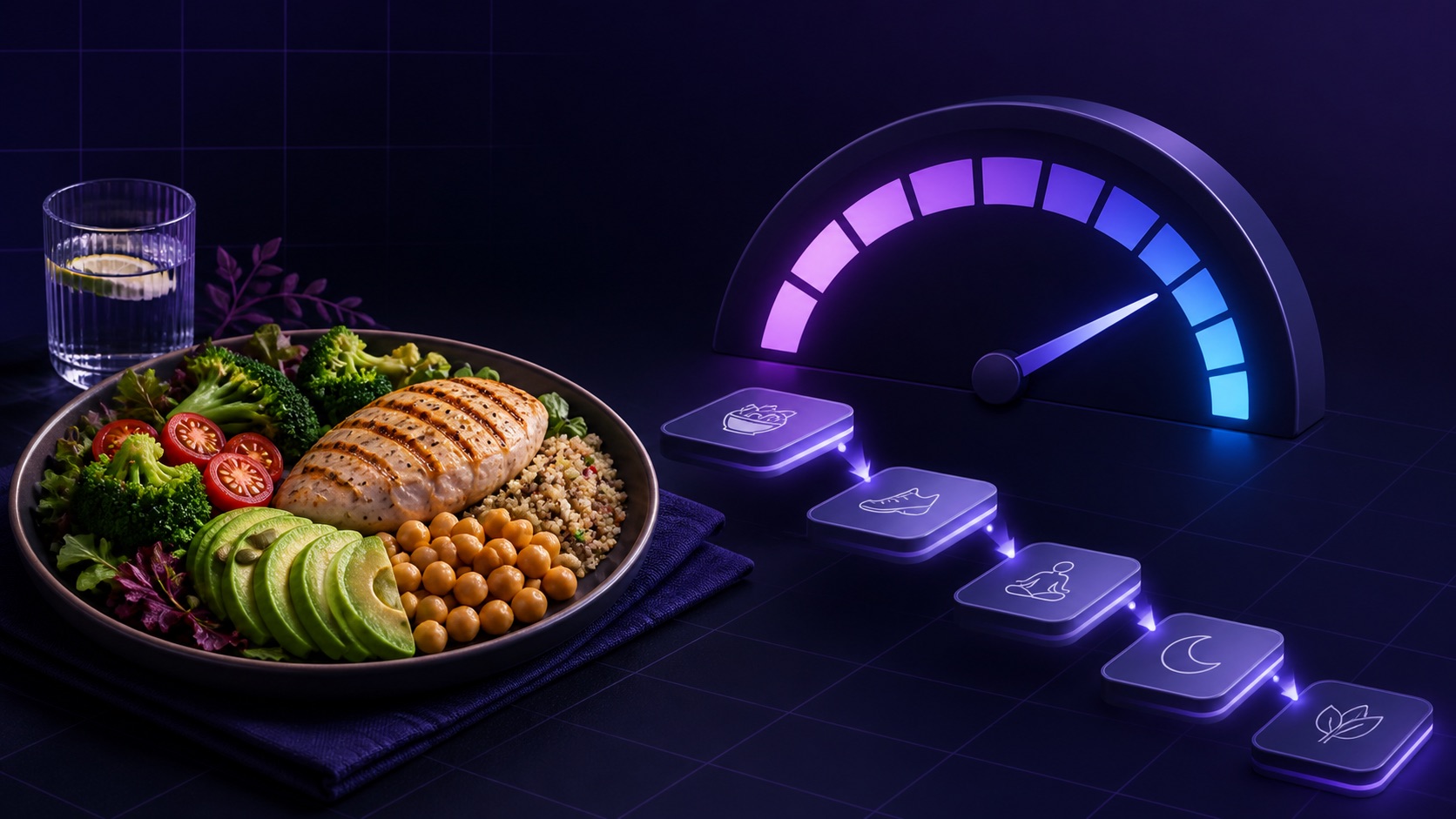 Healthy food plate and gradual energy gauge representing a calorie deficit