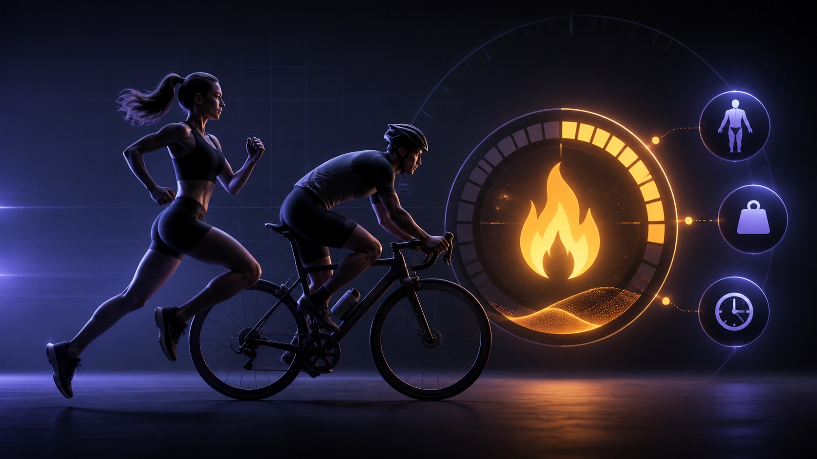 Runner and cyclist beside an energy gauge representing calories burned