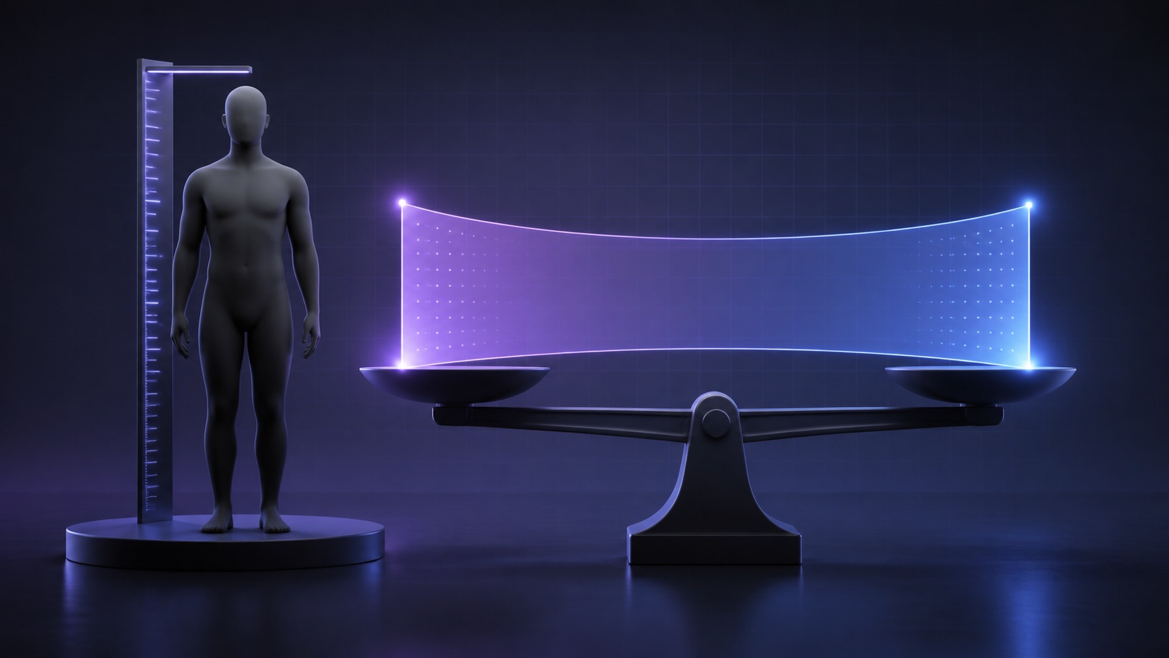 Standing figure, height guide, and balanced scale representing an ideal-weight range