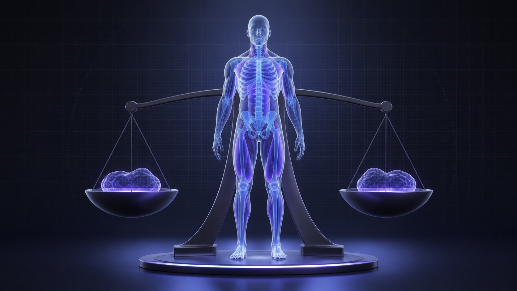 Anatomical figure and balanced tissue forms representing lean body mass