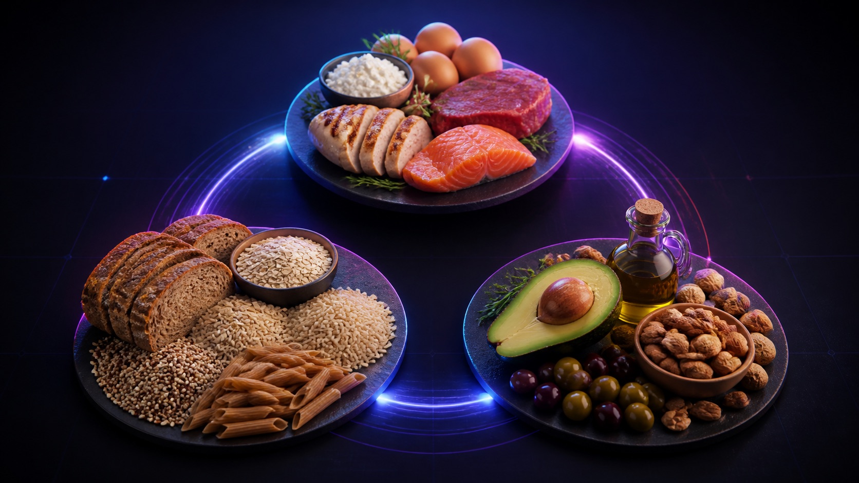 Protein, carbohydrate, and fat food groups arranged for macro planning