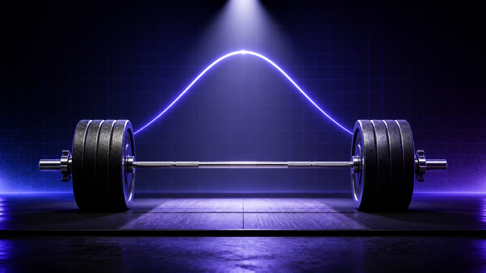 Heavily loaded barbell and peak strength arc representing a one-rep max