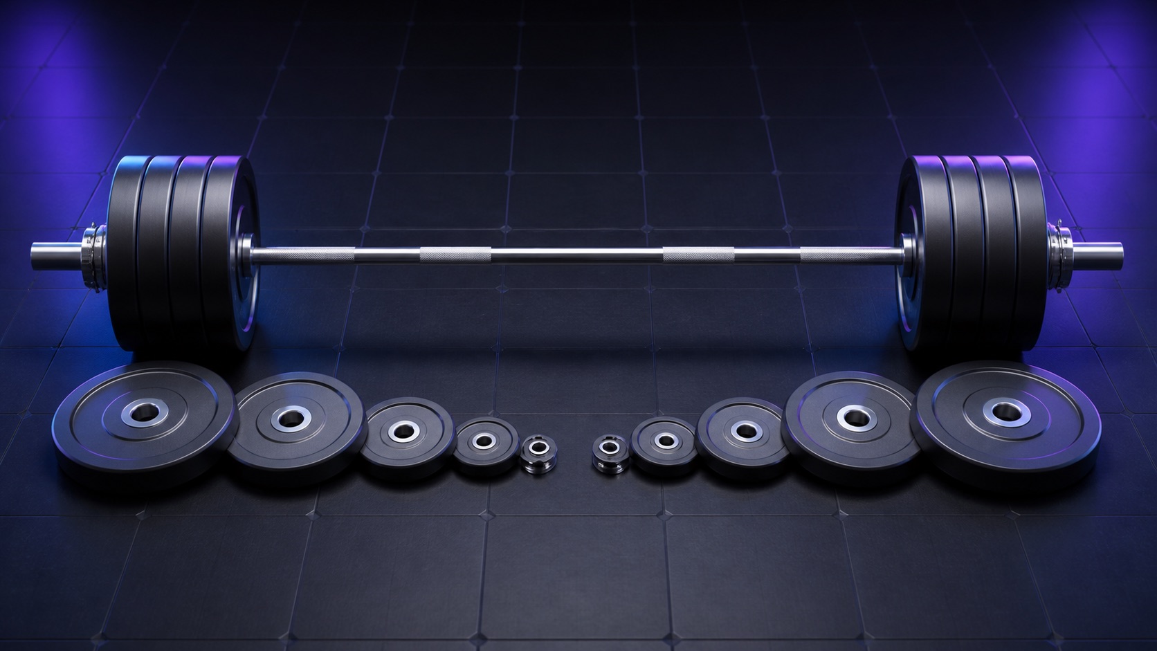Barbell with neatly organized weight plates for loading calculations