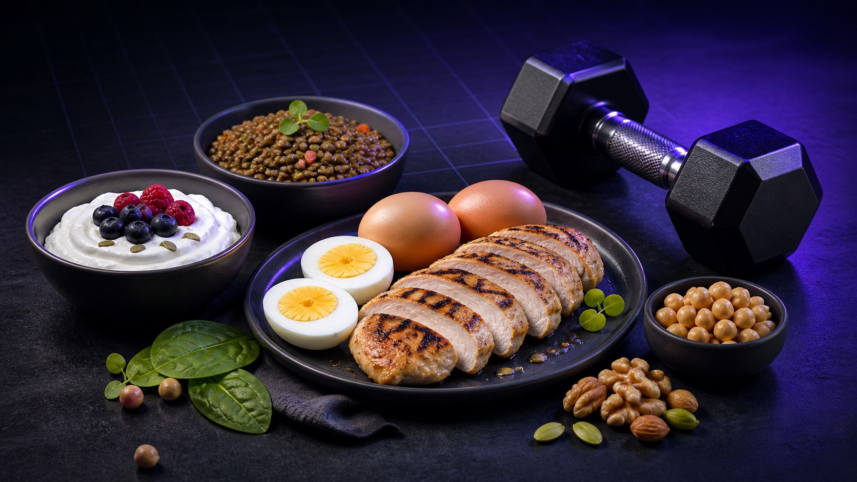 Protein-rich foods and a dumbbell representing daily protein intake