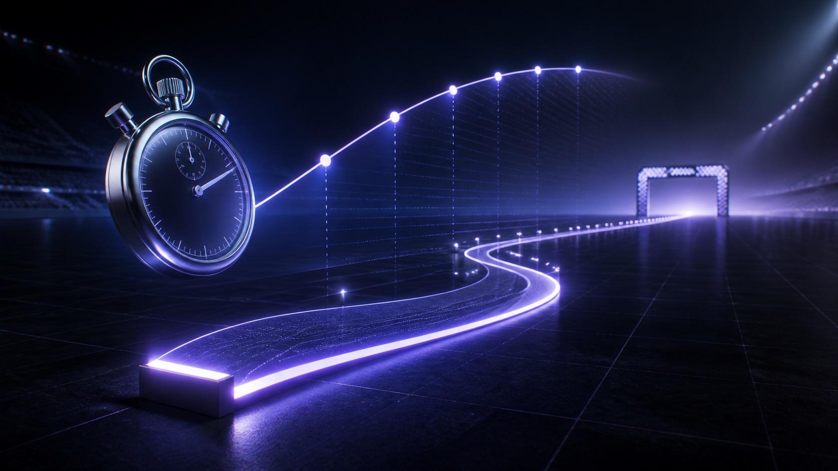 Stopwatch and projected route curving toward a race finish