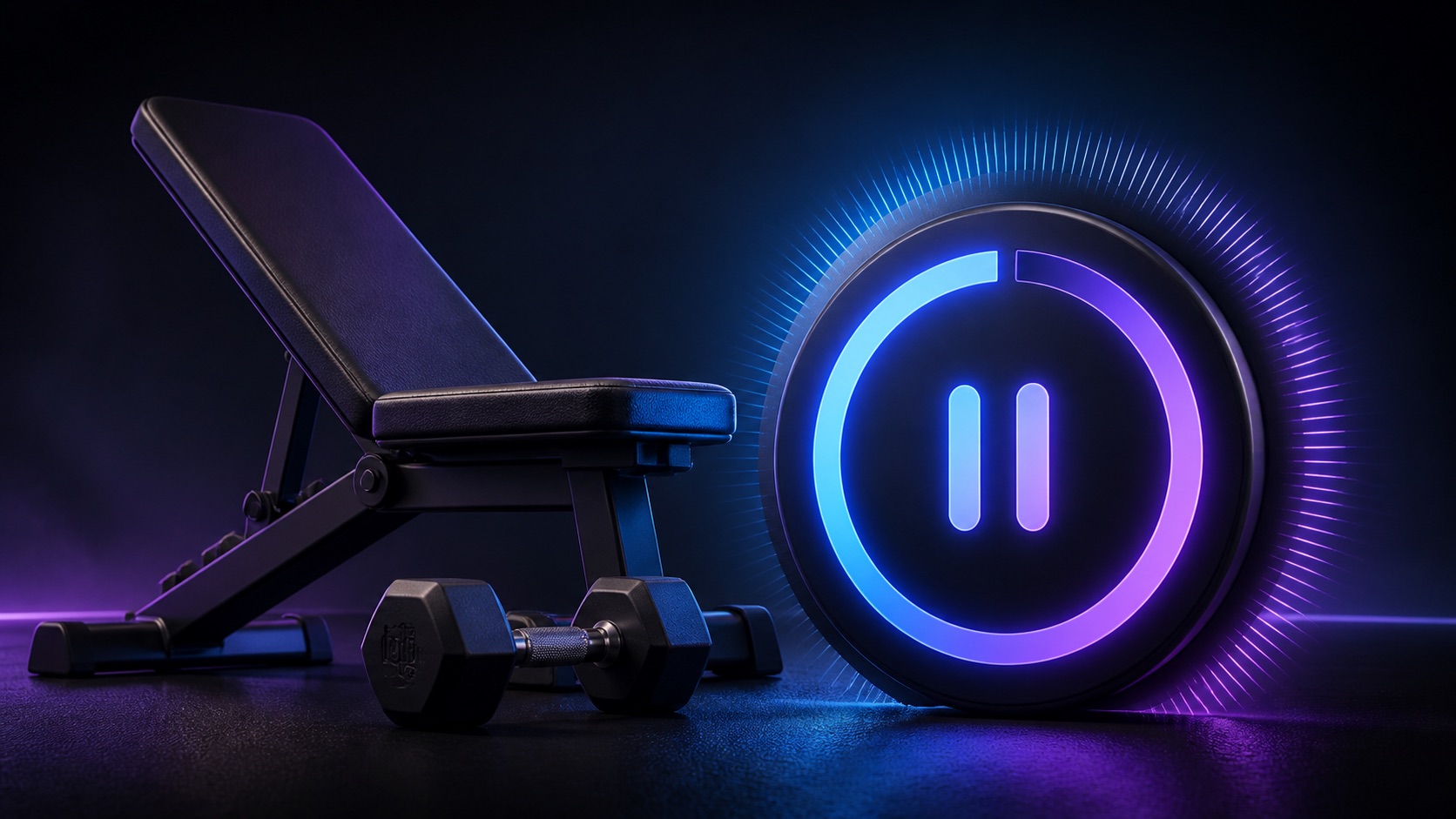 Gym bench and dumbbell beside a glowing recovery timer
