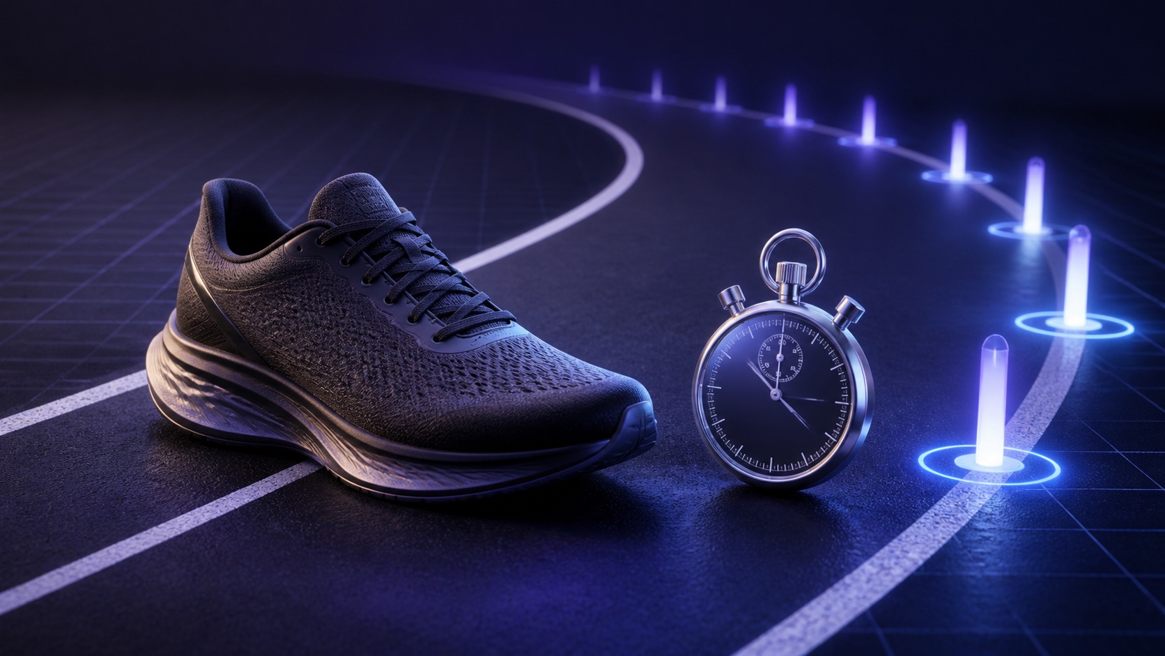 Running shoe, stopwatch, and route markers representing running pace